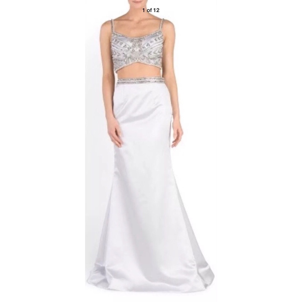 Terani Couture two piece beaded bustier taffeta back detail formal gown sz.4